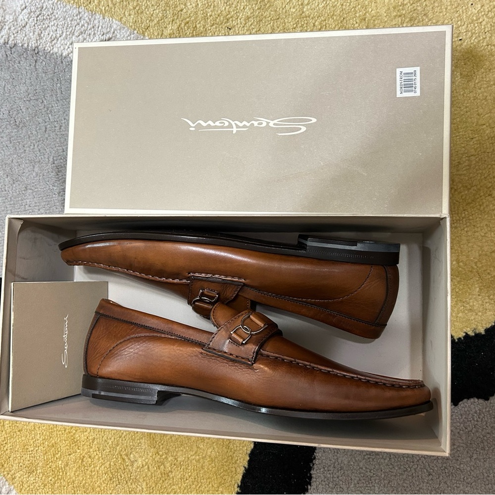 Santoni Men’s Brown Leather Horsebit Loafers – Made in Italy – New